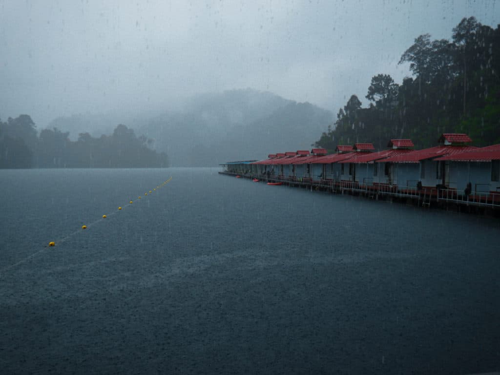 Cheow Lan Lake bungalows in the tropical rain