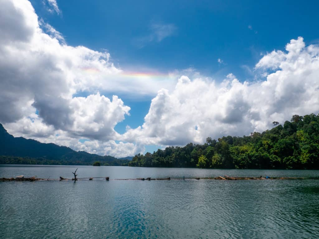 Cheow Lan Lake rainbow next to floating bungalows
